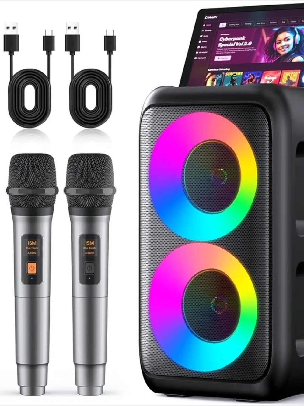 Portable Karaoke Machine Bluetooth Speaker 2 Wireless Mics LED Party PA Black
